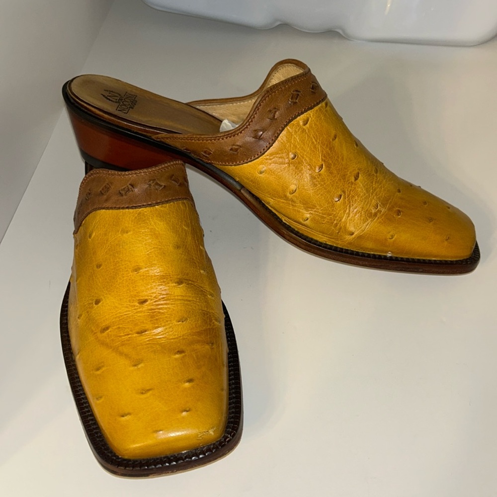 Nocona Full Quill Ostrich Square Toe Western Mule Boots Shoes Yellow Women US9B